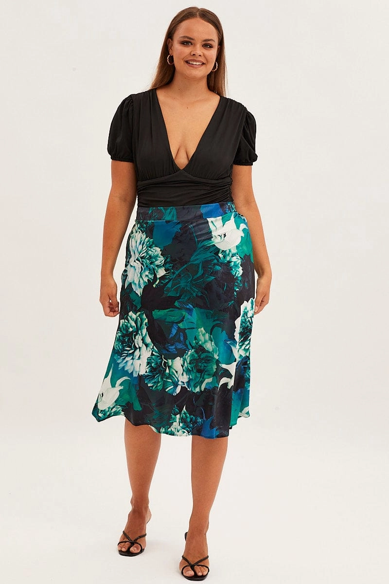 Abstract Print Slip Skirt Midi Satin Refined Finish Mix Separates
