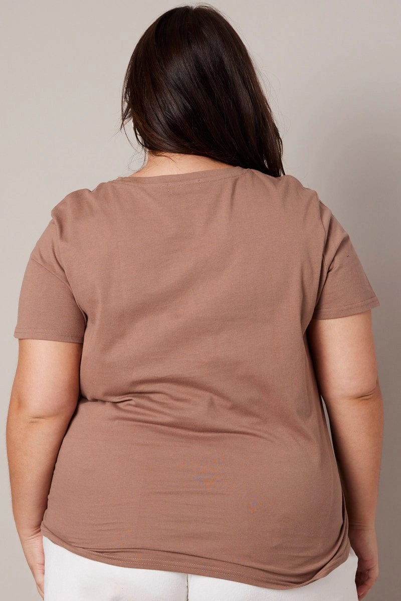 Casual Chic Ethically Sourced Material Brown Graphic T-shirt Short Sleeve Crew Neck