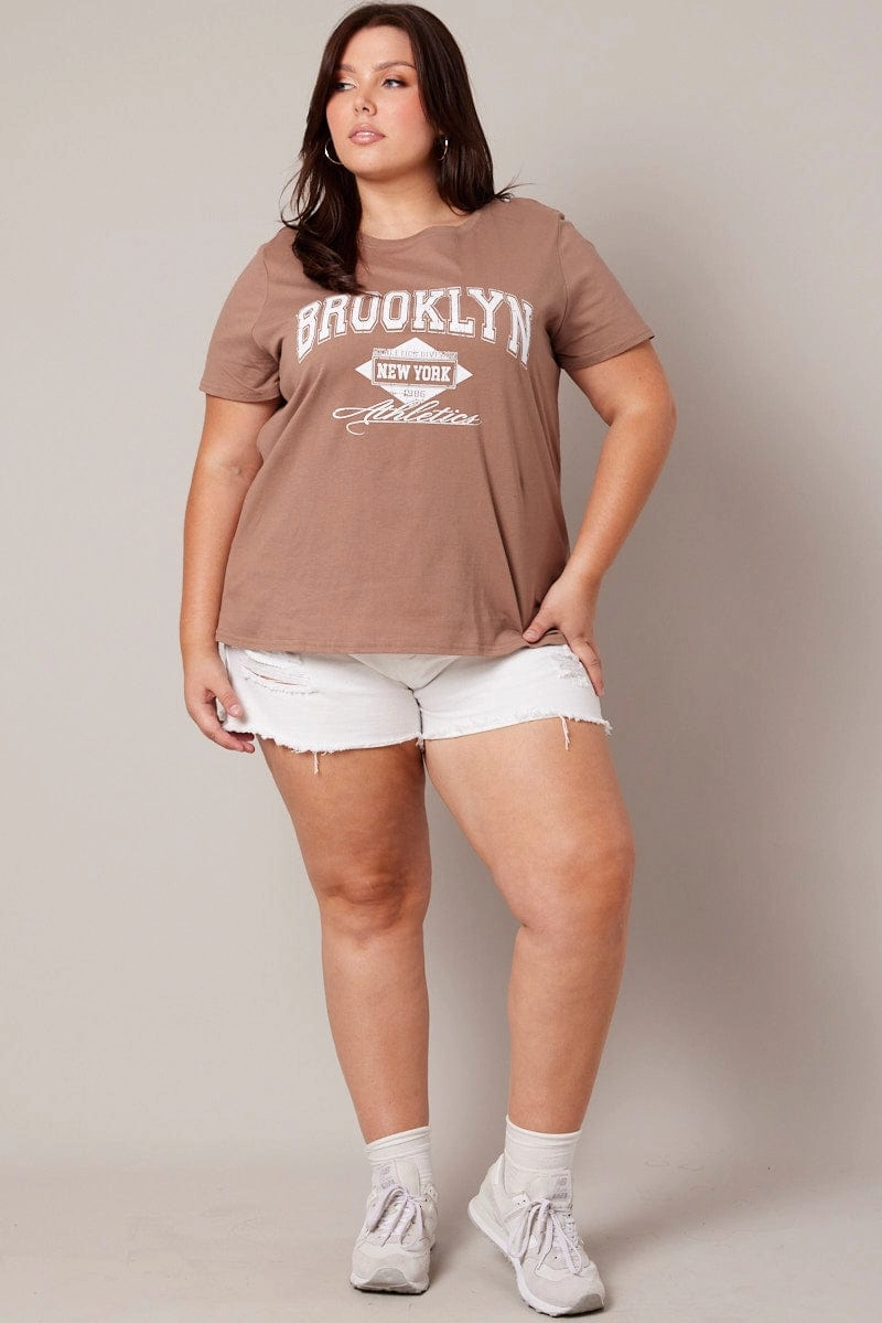 Brown Graphic T-shirt Short Sleeve Crew Neck Slim Fit Design Comfy Top