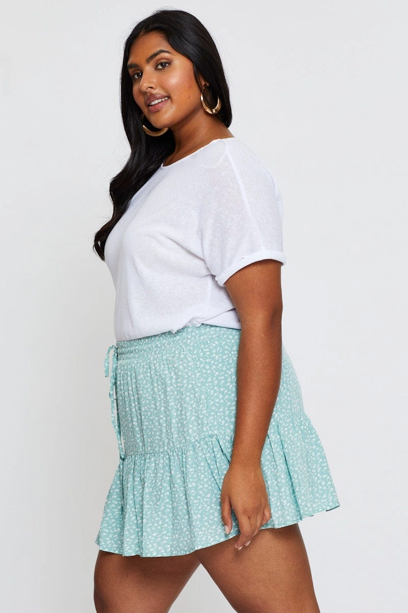 Floral Print Mini Skater Skirt Elastic Waist Feminine Charm