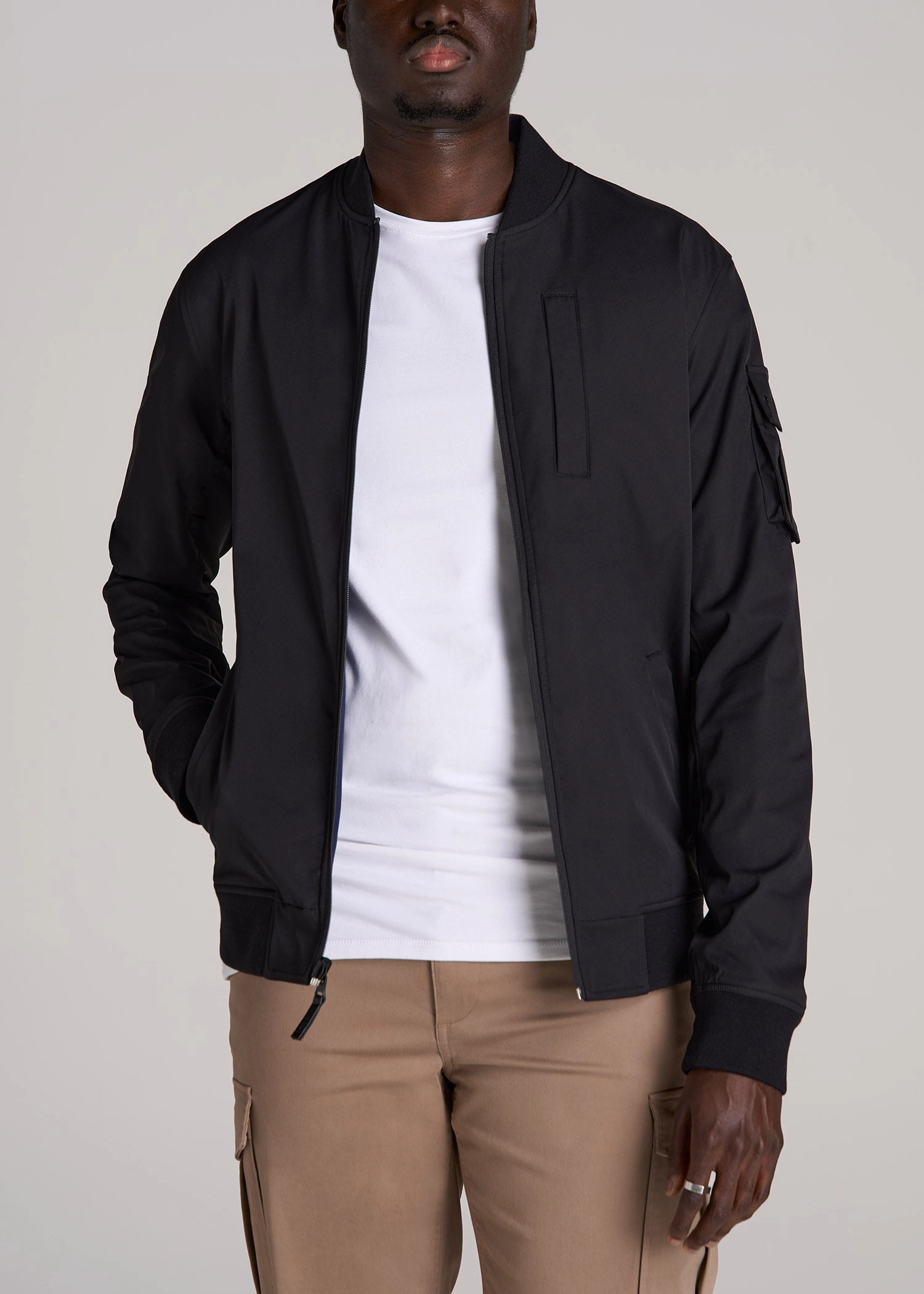 Shawl Lapel UV Protective Coating Reversible Men's Tall Bomber Jacket in Black and Navy