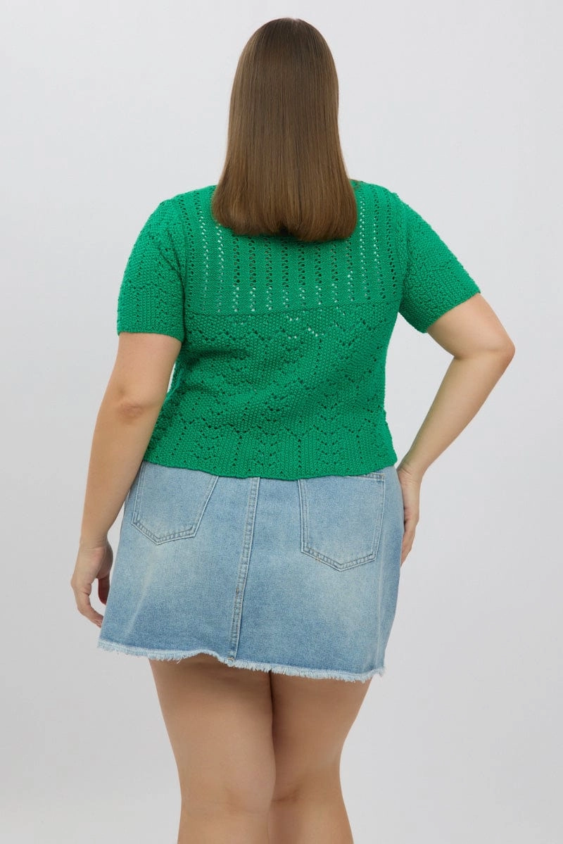 Monochrome Look Ergonomic Mobility Cut Green Crochet Cardigan Short Sleeve V Neck