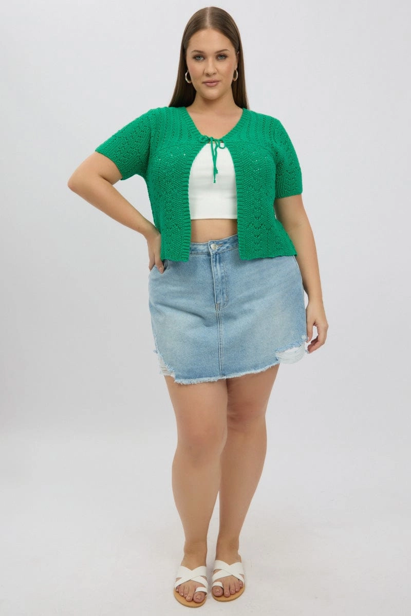Green Crochet Cardigan Short Sleeve V Neck Weatherproof Zipper Seals