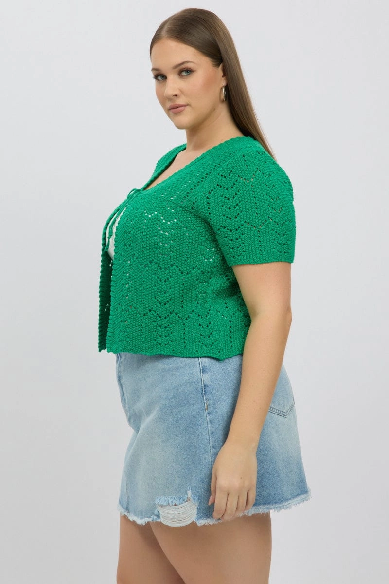 Green Crochet Cardigan Short Sleeve V Neck Hypoallergenic Textile
