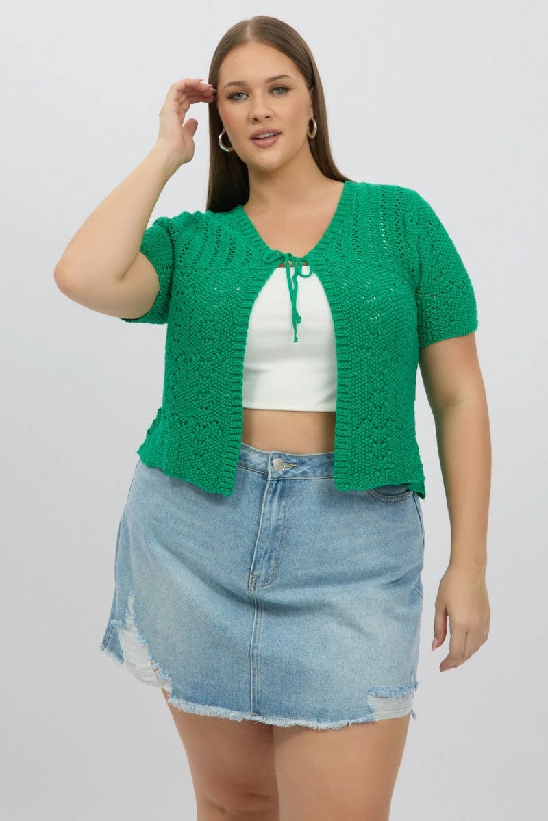 Comfortable Feel Green Crochet Cardigan Short Sleeve V Neck