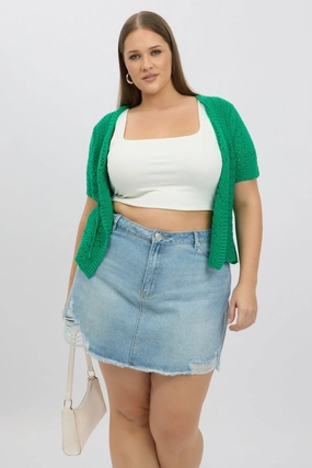 Long Sleeves Green Crochet Cardigan Short Sleeve V Neck