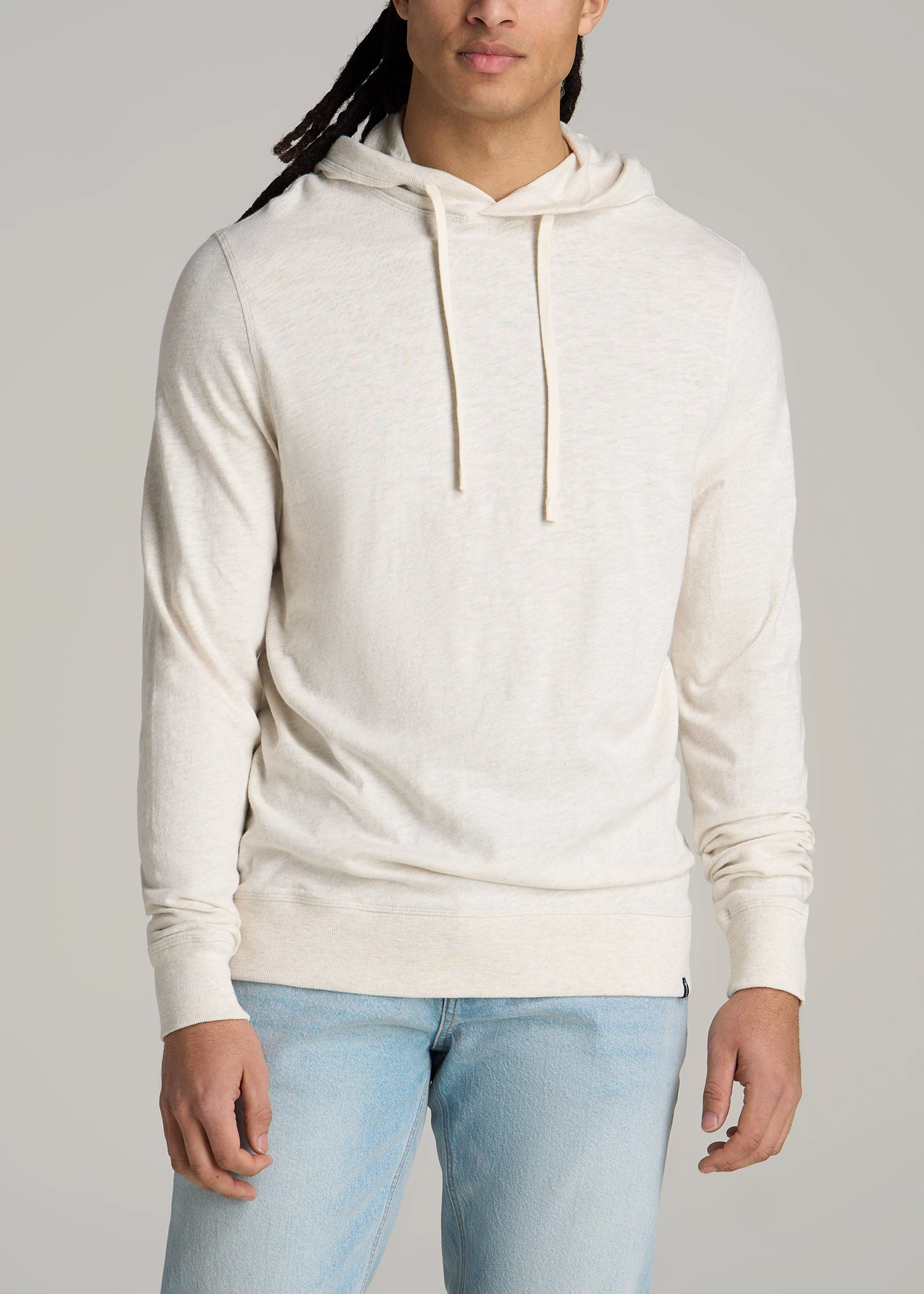 color fast Gym Essential Sunwashed Slub Pullover Men's Tall Hoodie in Heathered Oatmeal