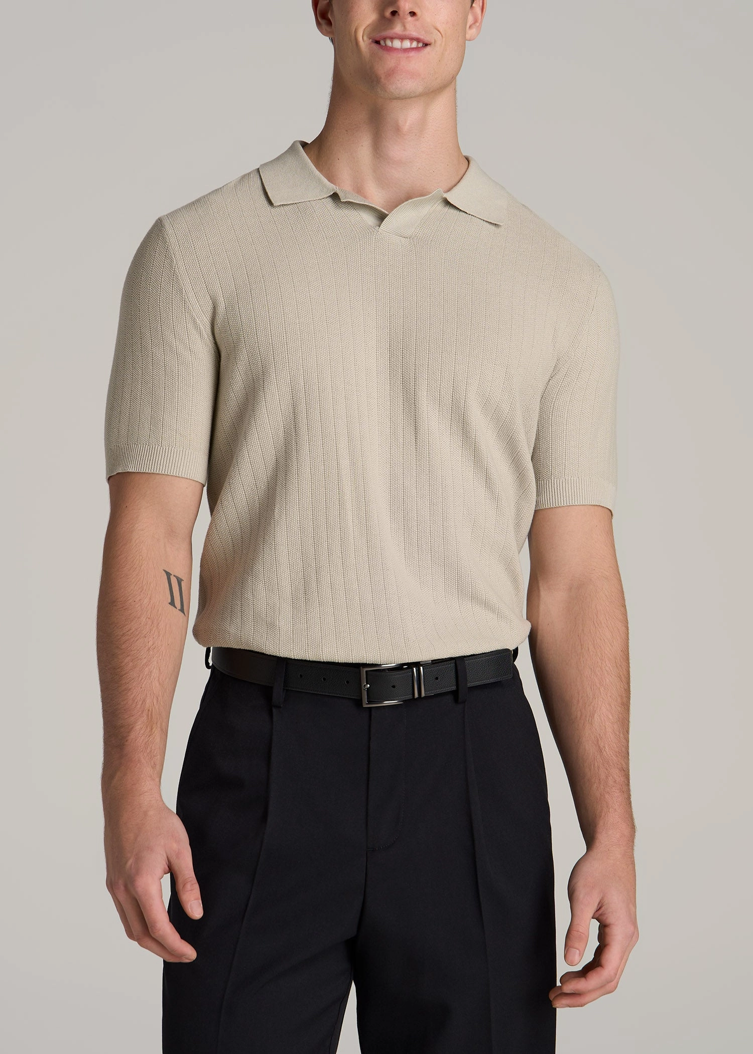 TearResistant Blends Linen Blend Ribbed Knit Polo Shirt for Tall Men in Stone