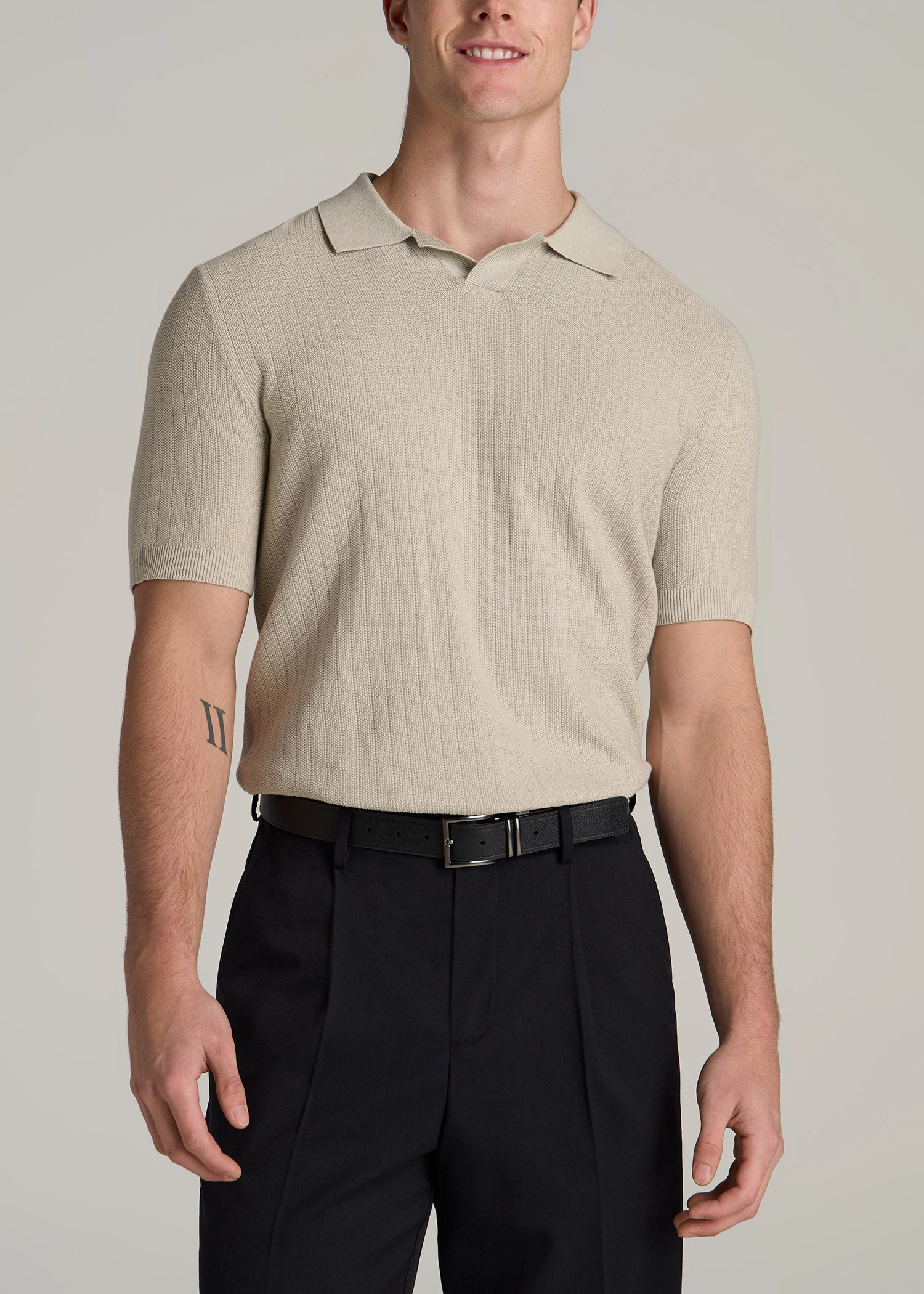 PreShrunkFabric ButtonFront Linen Blend Ribbed Knit Polo Shirt for Tall Men in Stone