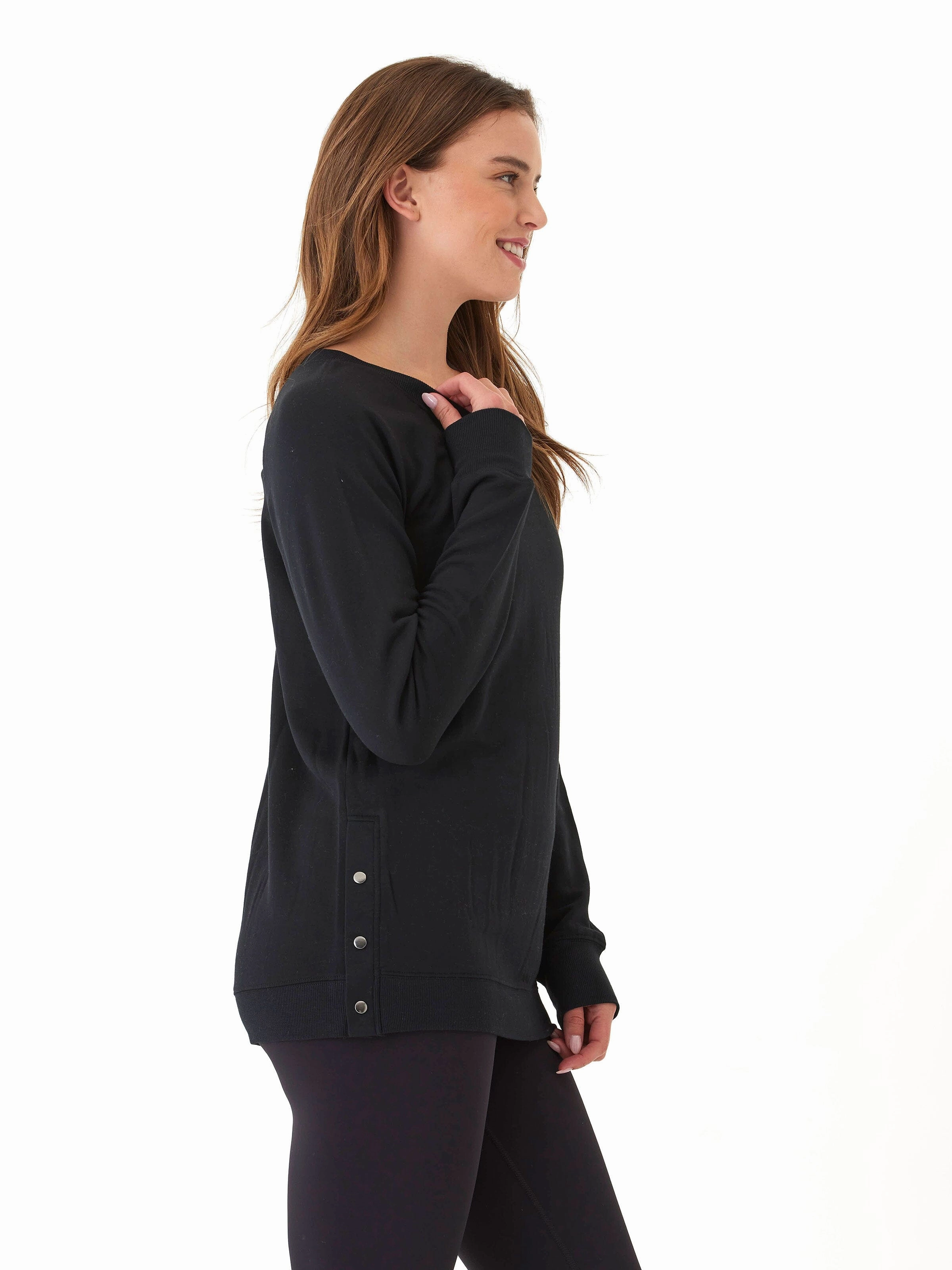 RubberizedTrim Roberta Feather Fleece Snap Button Sweatshirt