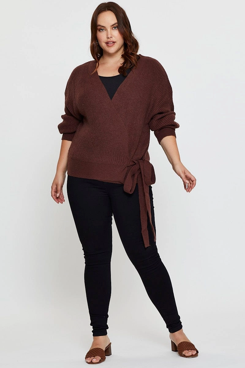Hypoallergenic Fibers Brown Cardigan Long Sleeve Wrap Front Tie