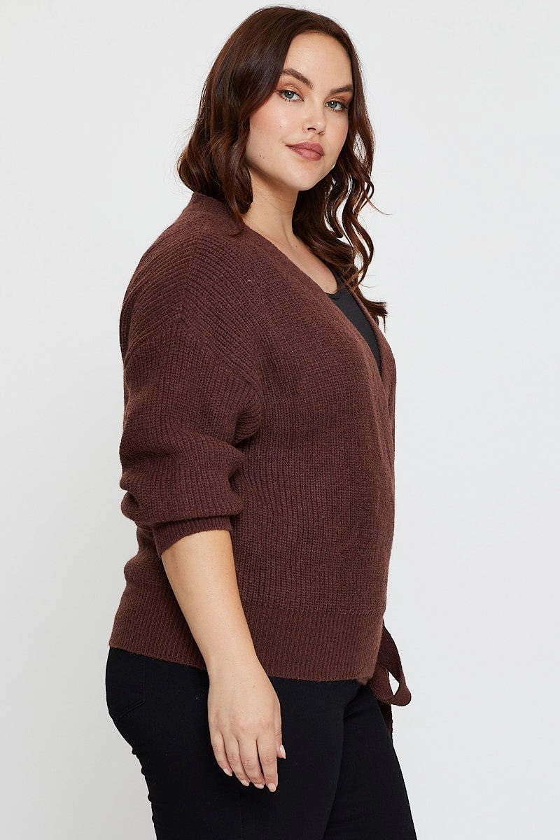 Brown Cardigan Long Sleeve Wrap Front Tie All Purpose Outerwear