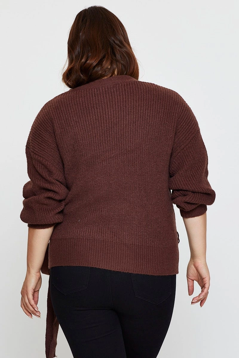 Quick Release Buckle Brown Cardigan Long Sleeve Wrap Front Tie