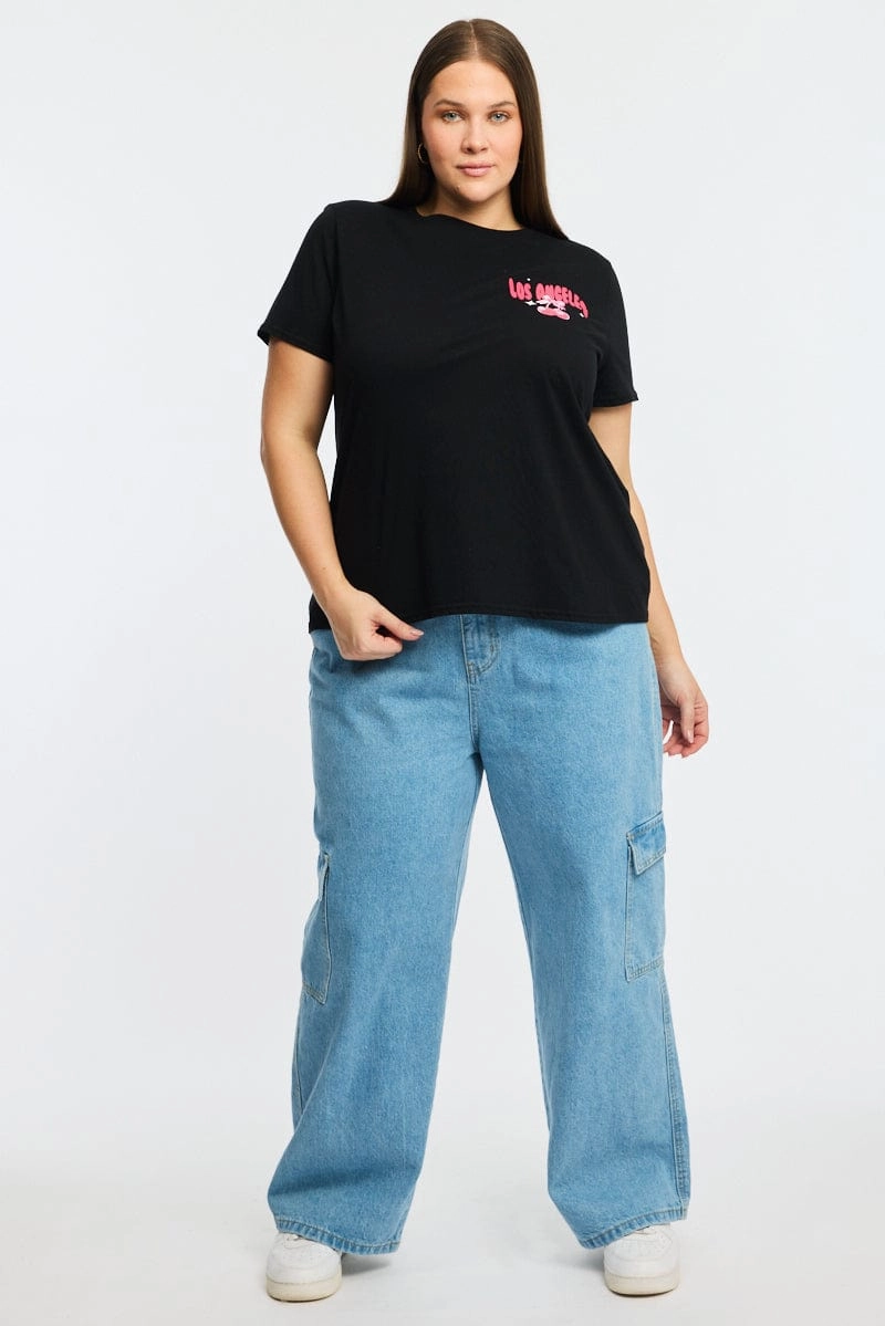 Black Graphic T-shirt Short Sleeve Crew Neck discount offer Office Wear