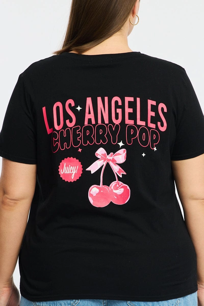 Black Graphic T-shirt Short Sleeve Crew Neck Flexible Waist