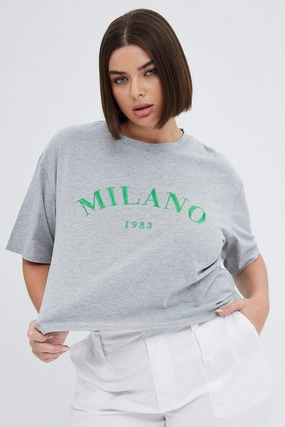 Grey Embroidered T-shirt Milano Crop Cotton Jersey SkinFriendlyFibers Ultra Soft Blend