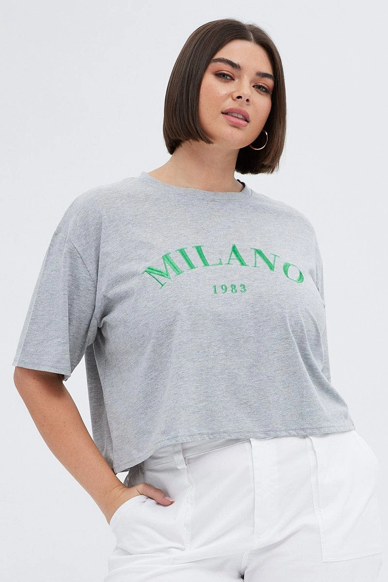 Grey Embroidered T-shirt Milano Crop Cotton Jersey Performance Fit Wear