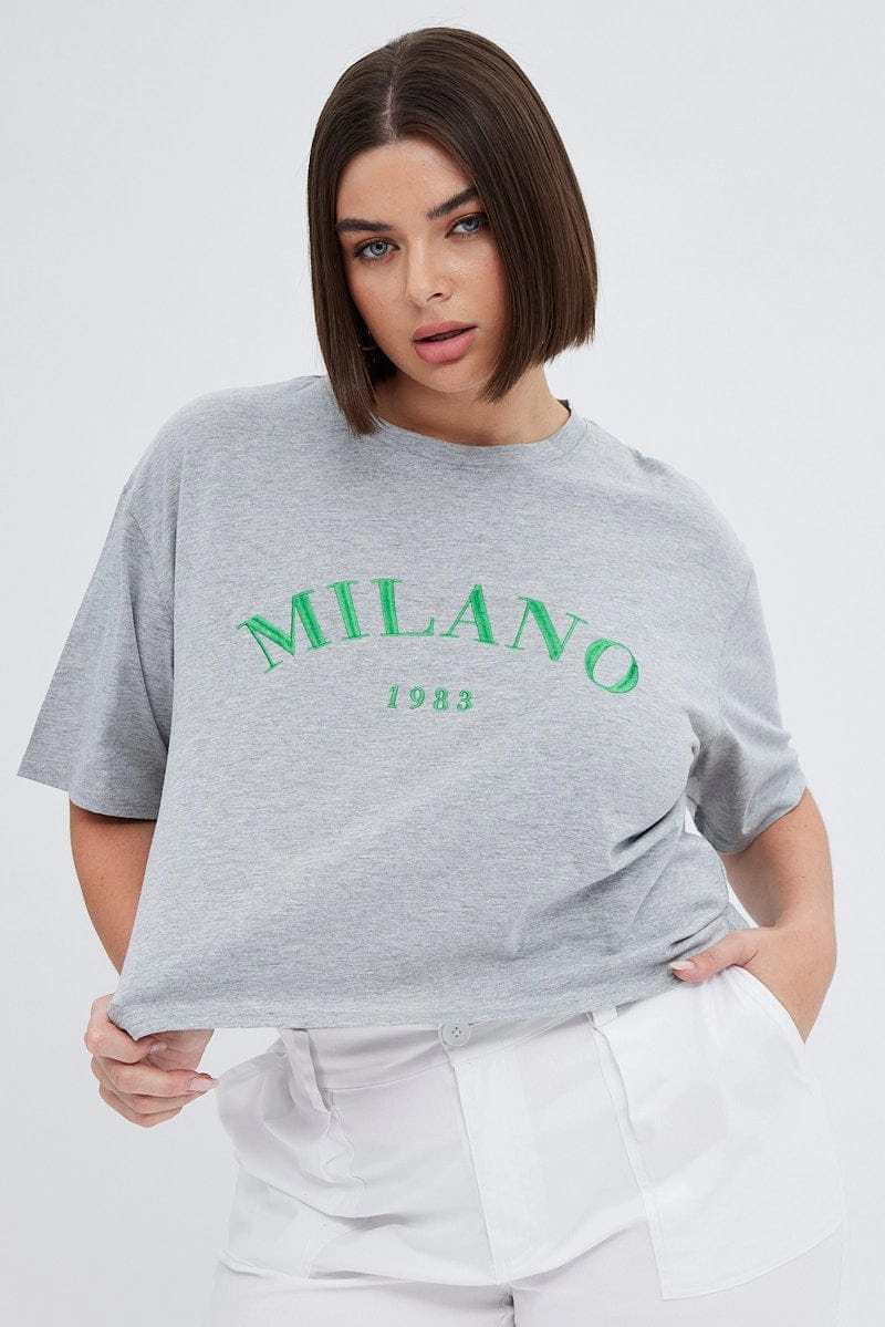 Grey Embroidered T-shirt Milano Crop Cotton Jersey SkinFriendlyFibers Ultra Soft Blend