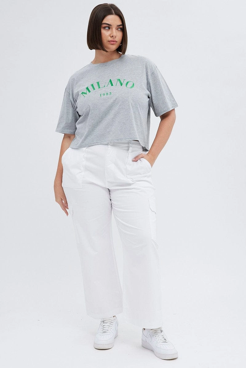 Grey Embroidered T-shirt Milano Crop Cotton Jersey Pocket Detailing Plus size clothing