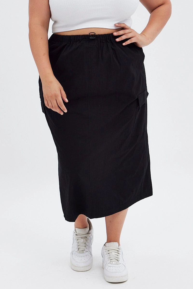 Classic Comfort Minimal Vibes Black Parachute Midi Skirt