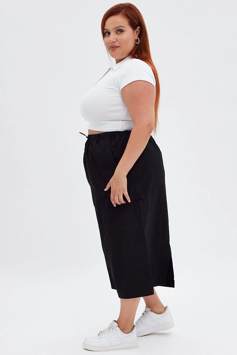 Relaxed Look Black Parachute Midi Skirt