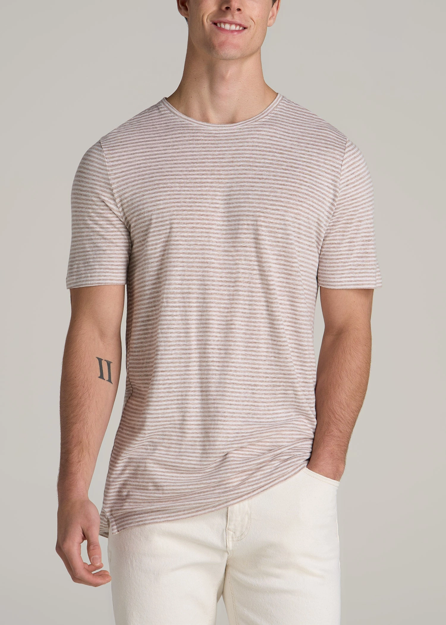 ButterSoft Handfeel Linen Crewneck T-Shirt for Tall Men in Beige and White Stripe