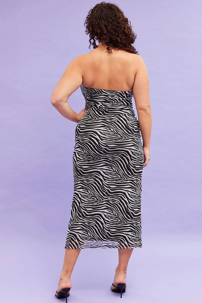 Black Animal Print Maxi Bodycon Dress Strapless Side Split Mesh Easy Wrap Soft Tone