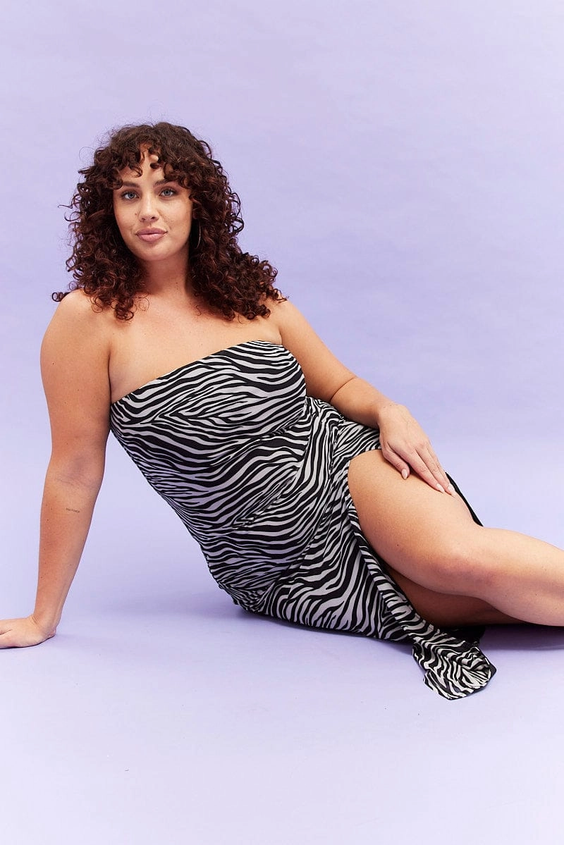 Black Animal Print Maxi Bodycon Dress Strapless Side Split Mesh Tulle Air Sophisticated Wear
