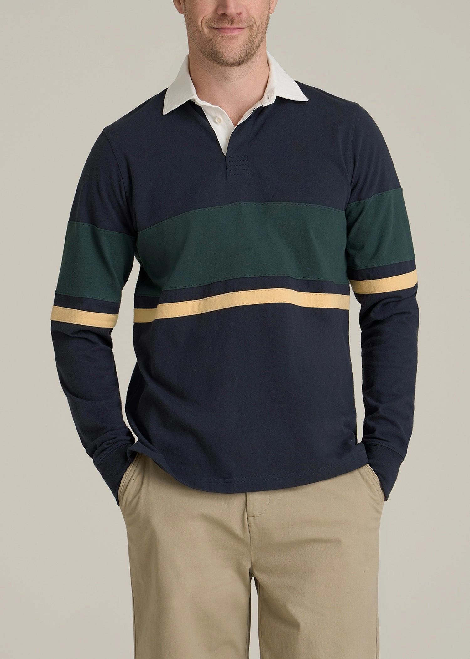 Rugby Long Sleeve Shirt for Tall Men in Navy Multi good for rainy days
