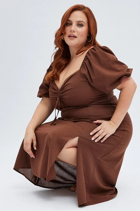 Rust Midi Dress Fitted Drawstring Front Puff Sleeve Side-Zip