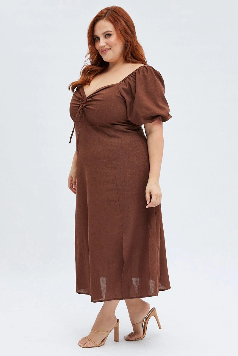 Cozy Silhouette Rust Midi Dress Fitted Drawstring Front Puff Sleeve