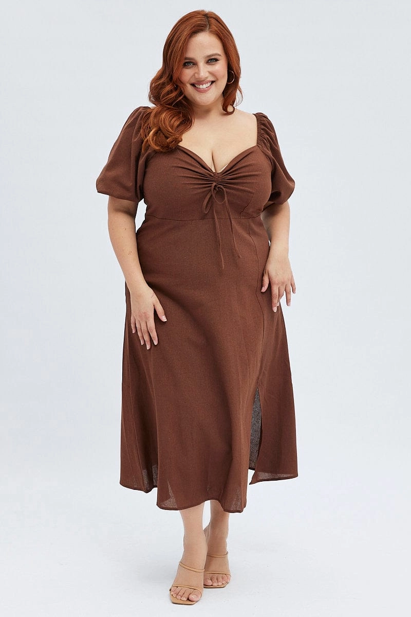 Rust Midi Dress Fitted Drawstring Front Puff Sleeve Romantic date dress