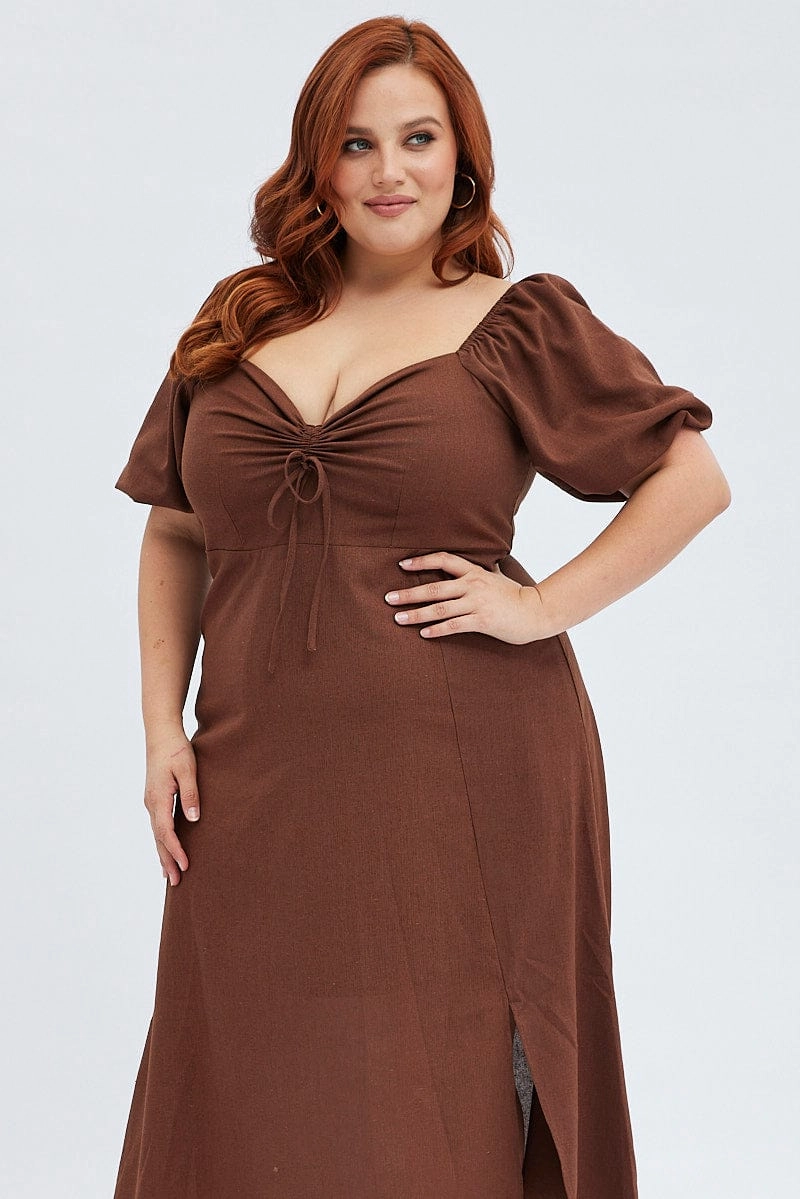 ConvertibleNeckline Rust Midi Dress Fitted Drawstring Front Puff Sleeve