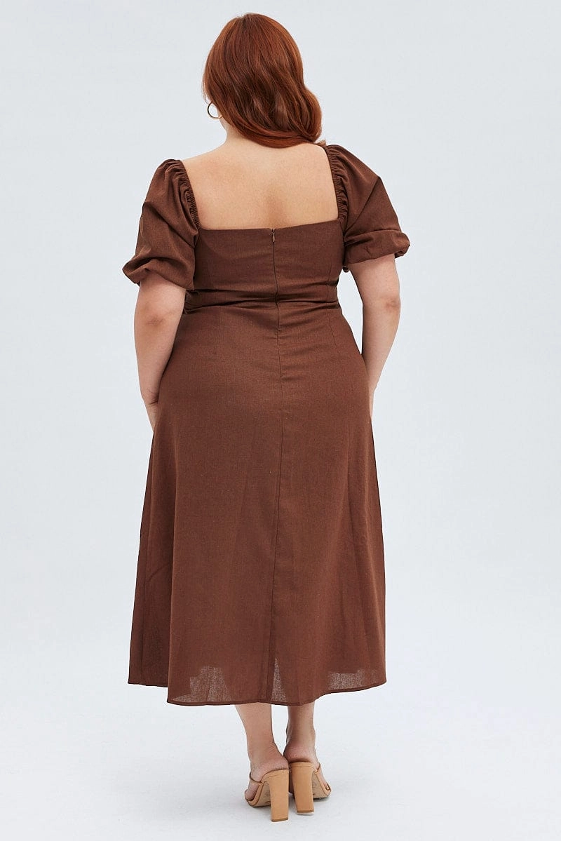 Nature Inspired Rust Midi Dress Fitted Drawstring Front Puff Sleeve