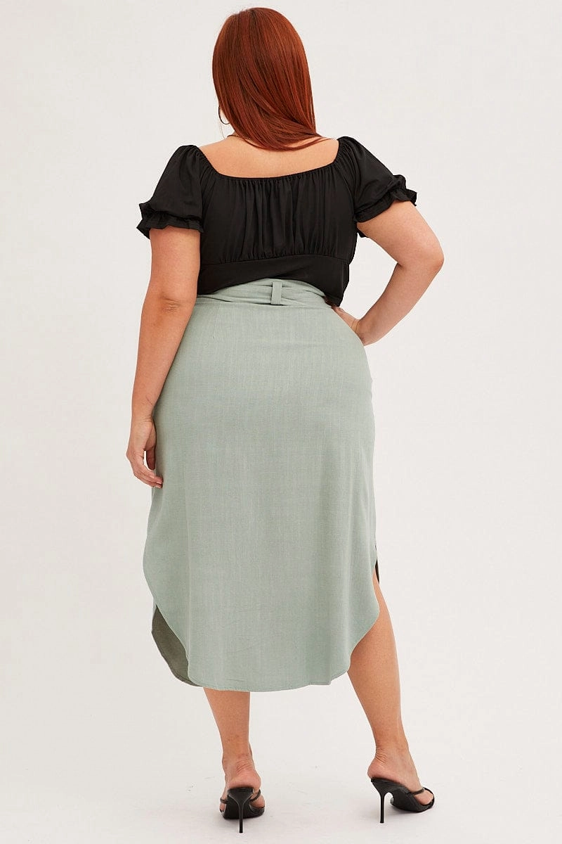 Sage Midi Skirt Button Front Linen Blend Mall Brand Look