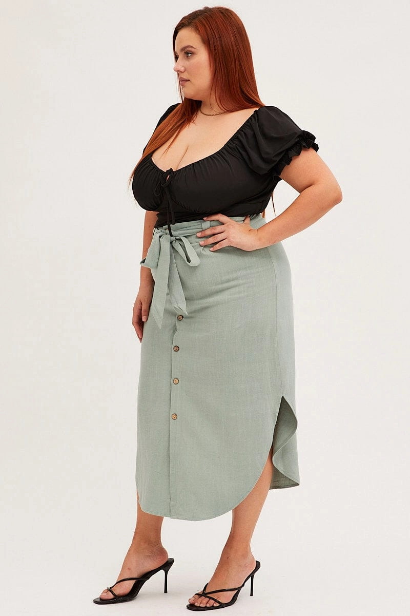 Sage Midi Skirt Button Front Linen Blend Oversized style Foldable Packability