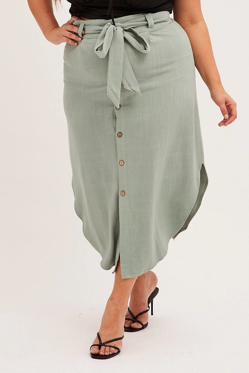 Sage Midi Skirt Button Front Linen Blend Fresh Look