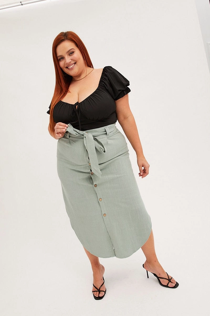 Modern Design Smart Look Sage Midi Skirt Button Front Linen Blend