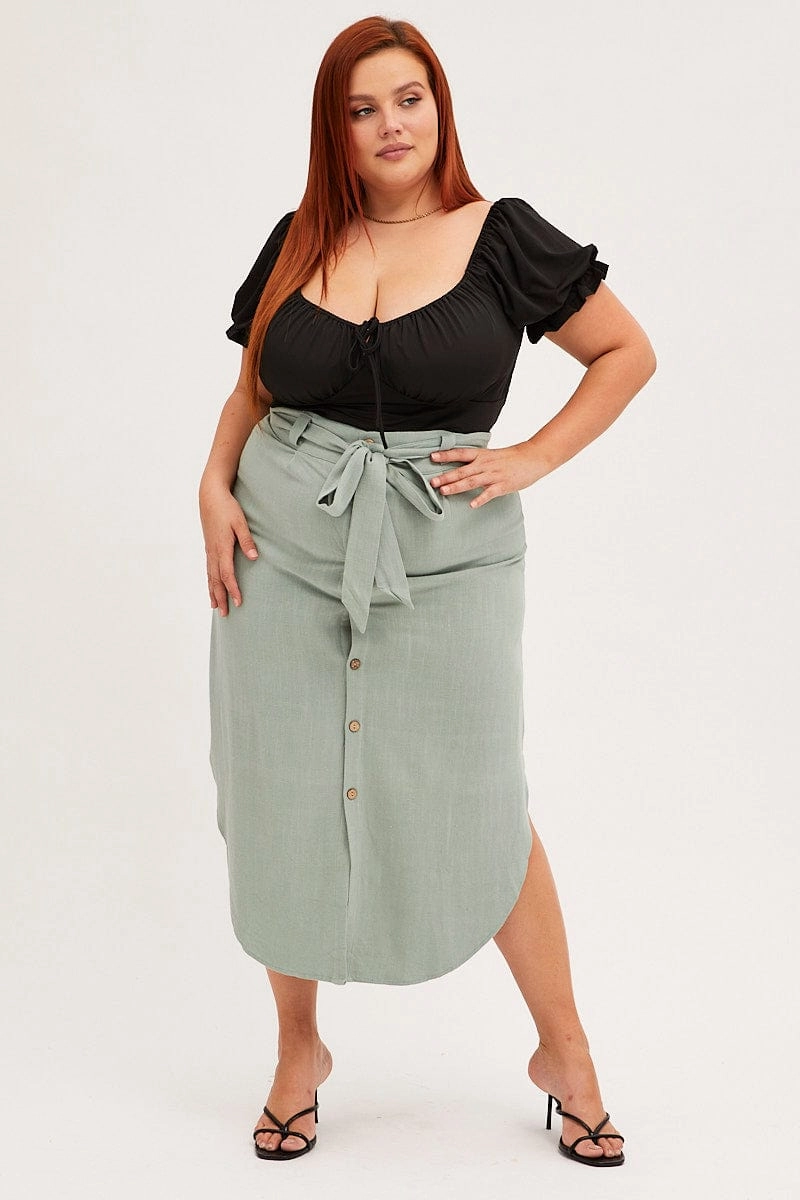 Subtle Detail Floor Length Sage Midi Skirt Button Front Linen Blend