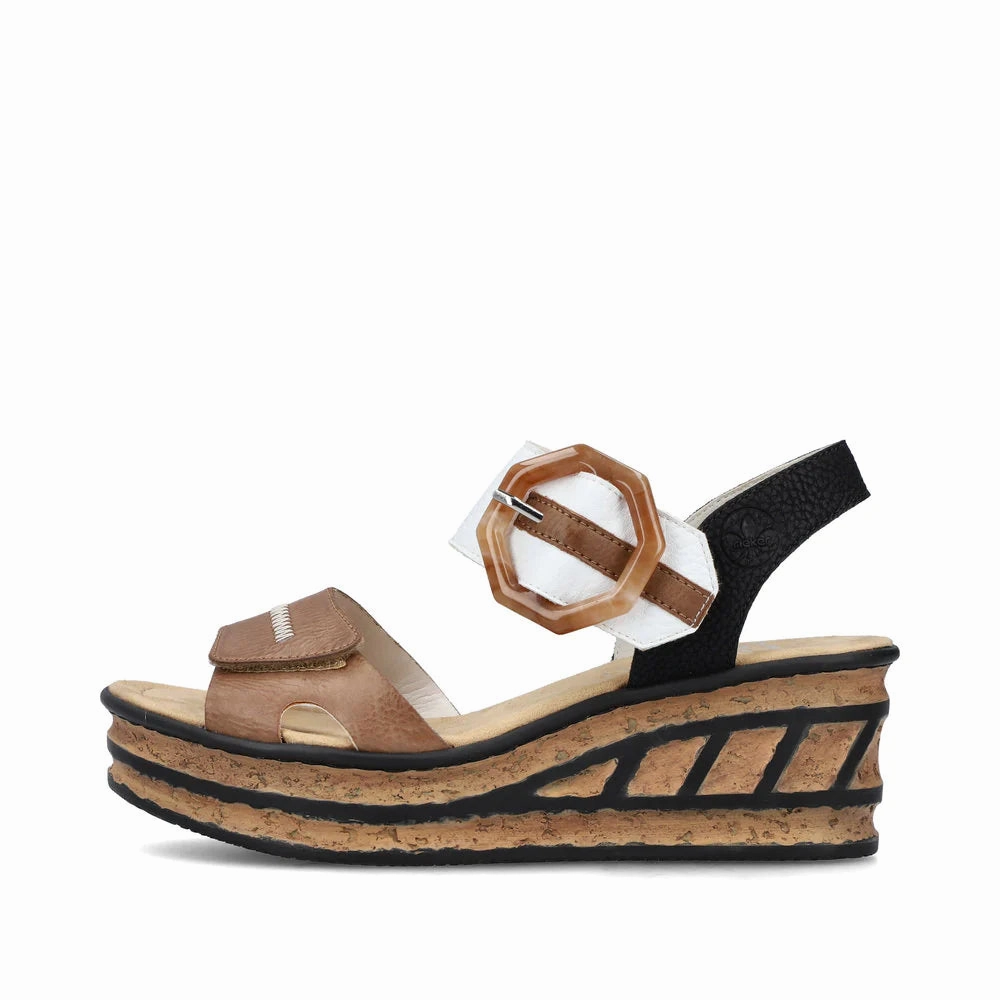 Rieker Women's Rose Platform Wedge Sandals - Leinen/Weiss/Schwarz Comfortable Slip-Ons Relaxed Beach Shoes