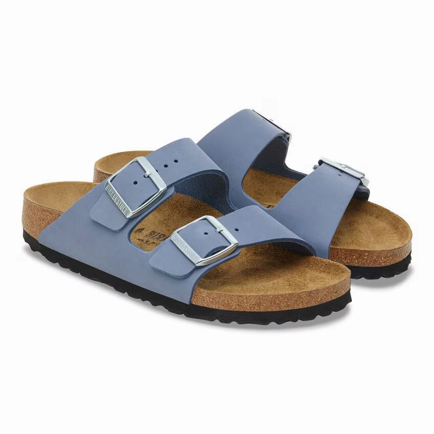 Birkenstock Women's Nubuck Leather Arizona Sandal - Stone Blue Light cushion Bare Feel