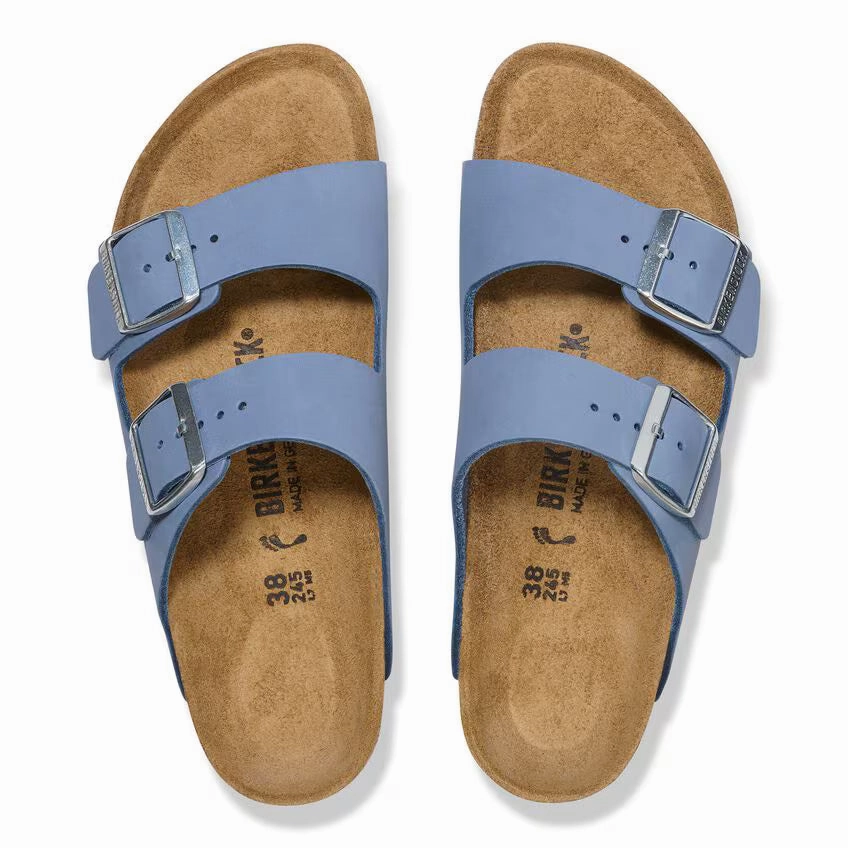 Birkenstock Women's Nubuck Leather Arizona Sandal - Stone Blue Perfect for Outdoors Soft Straps
