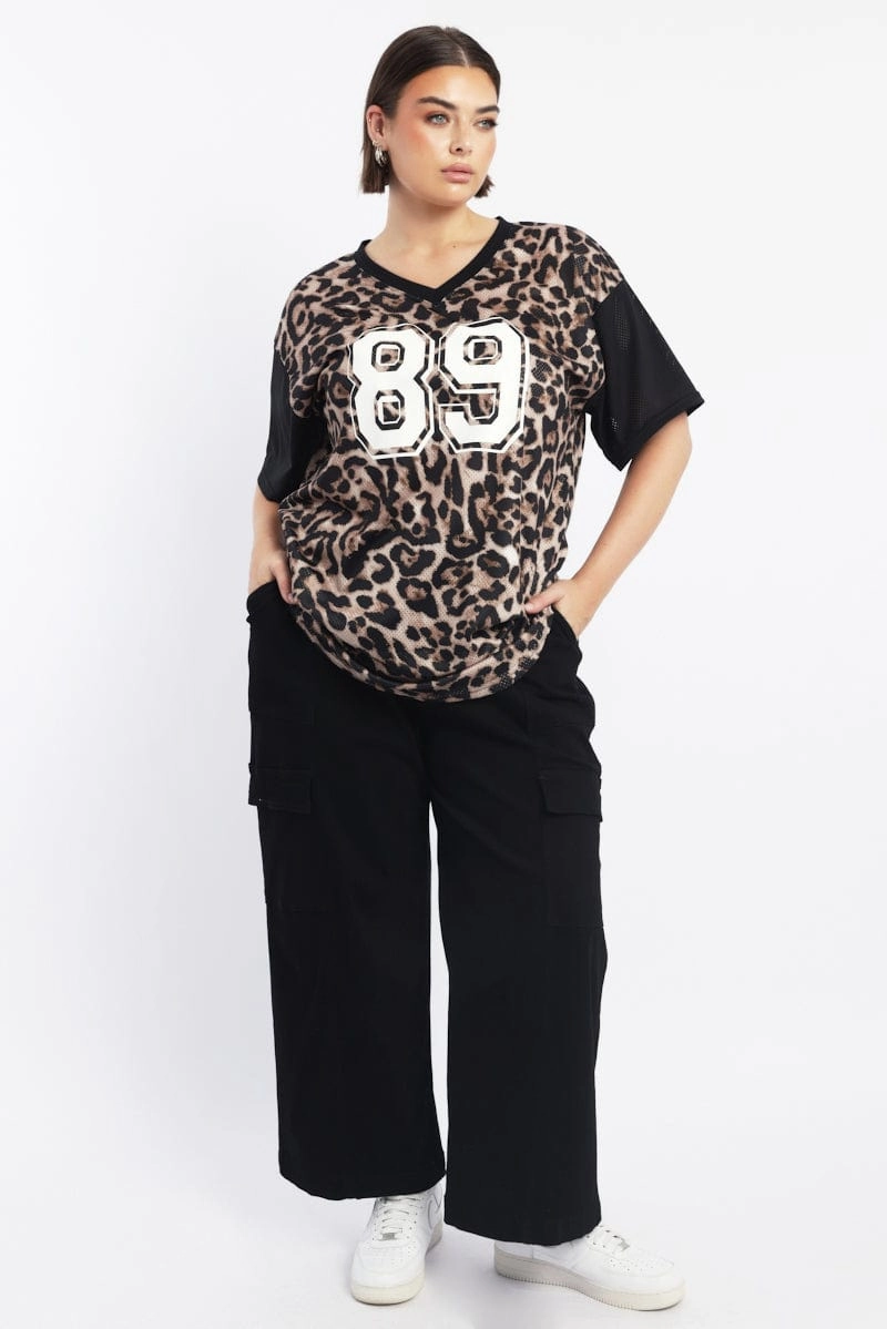 Sleek Stretch Black Animal Print Graphic Print Leopard Sport Top