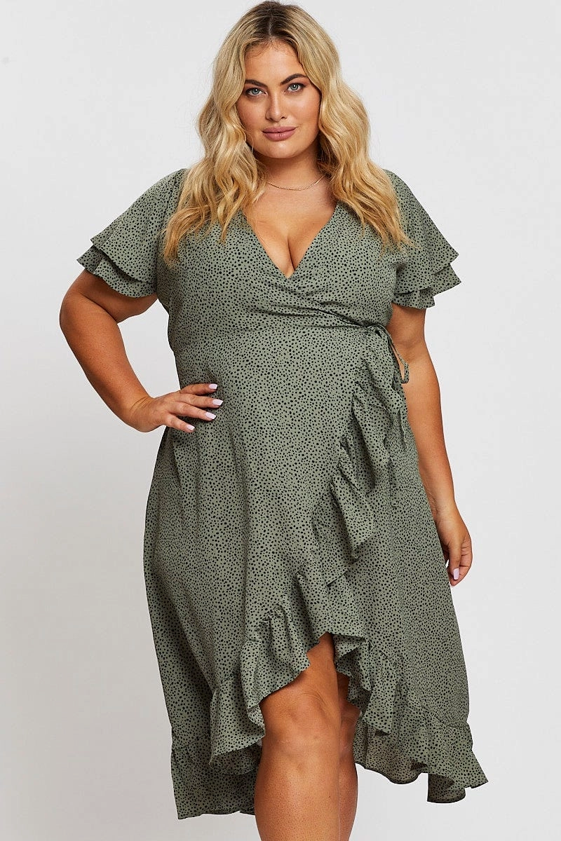 Subtle Charm Beach Moment Geo Print Midi Dress Short Sleeve Ruffle Hem