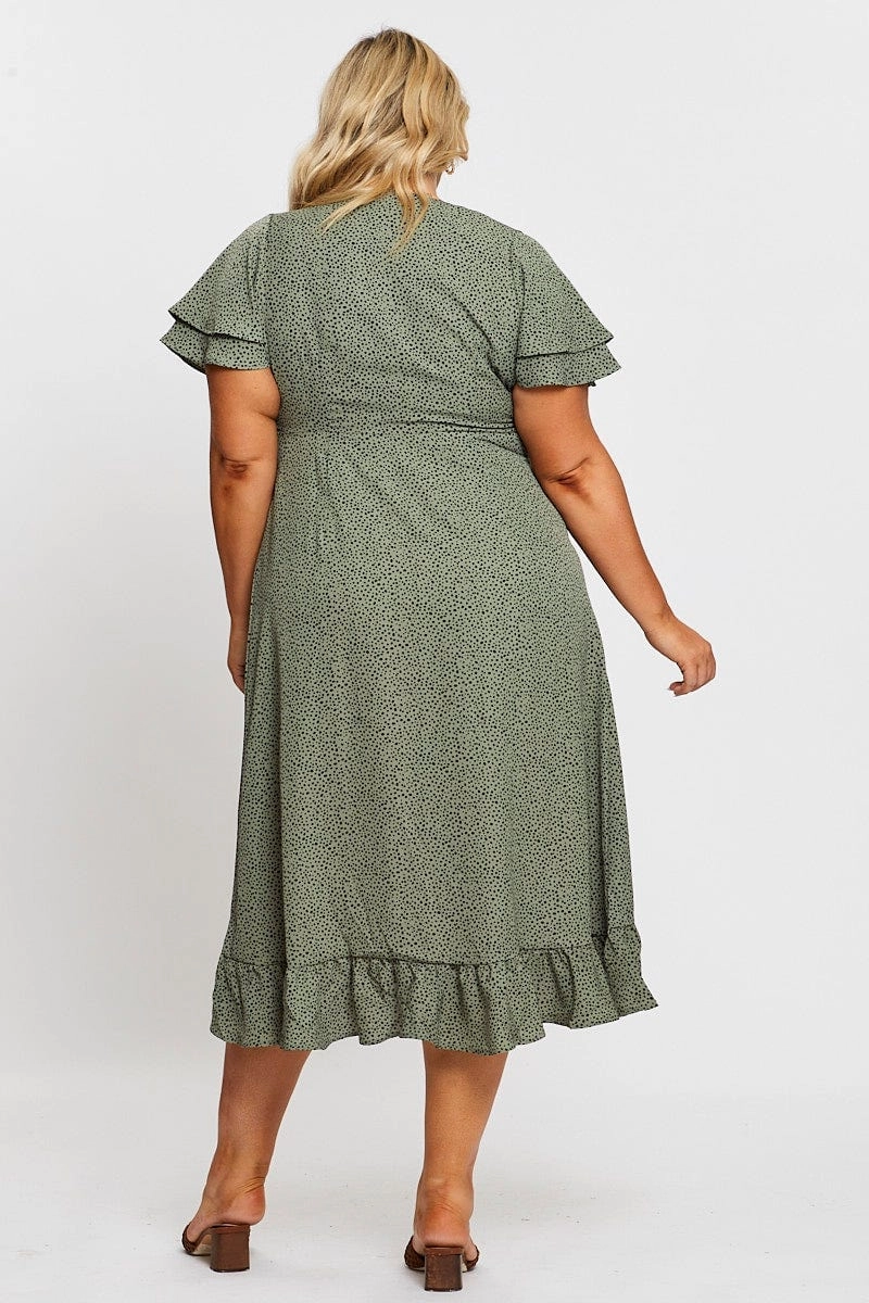 Geo Print Midi Dress Short Sleeve Ruffle Hem Applique-Detail