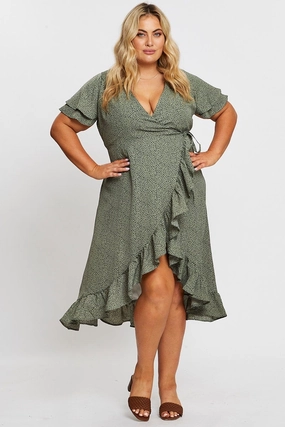 Geo Print Midi Dress Short Sleeve Ruffle Hem Mix-And-Match Shiny surface