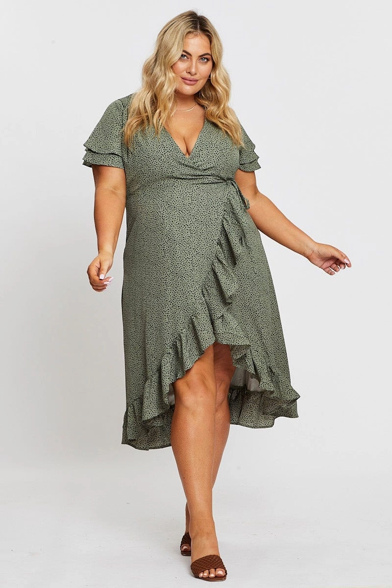 Geo Print Midi Dress Short Sleeve Ruffle Hem Smooth-Lining Unique Cut