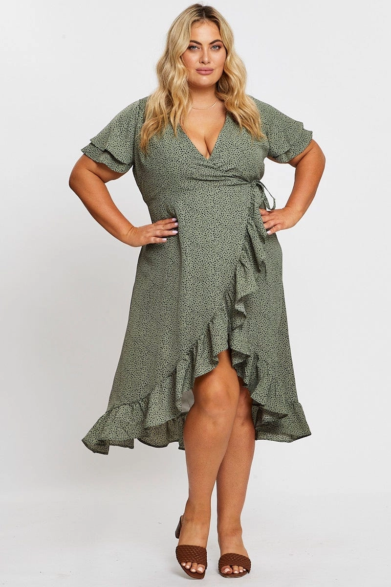 Geo Print Midi Dress Short Sleeve Ruffle Hem Mix-And-Match Shiny surface