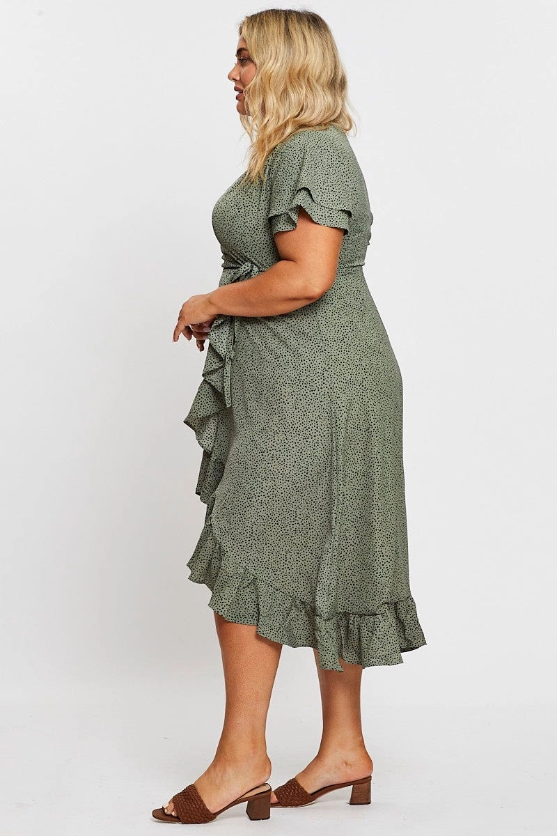 Geo Print Midi Dress Short Sleeve Ruffle Hem Travel Vibe
