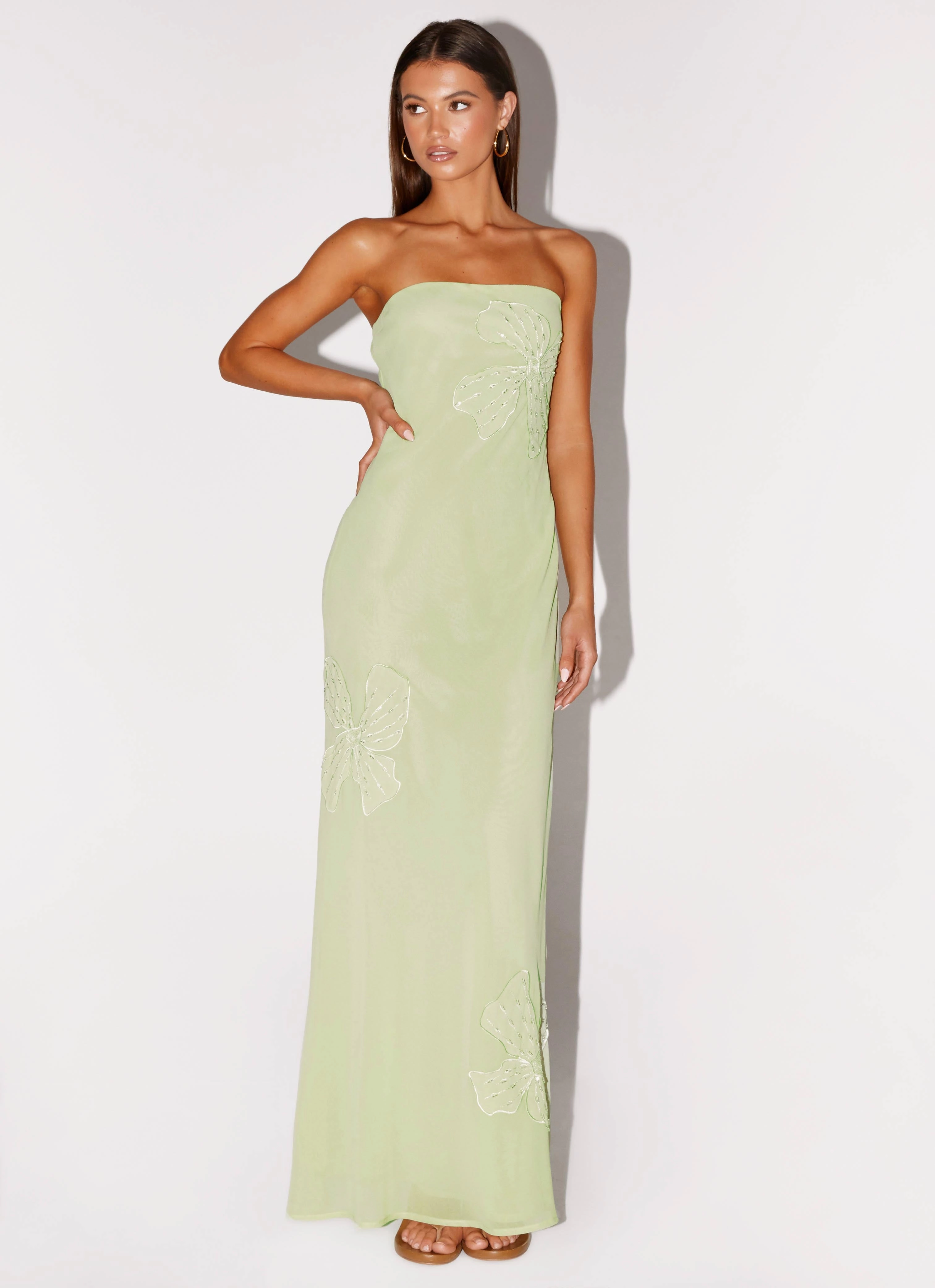 Cozy Cut Formal dinner wear Sassafras Beaded Flower Strapless Maxi Dress - Lime